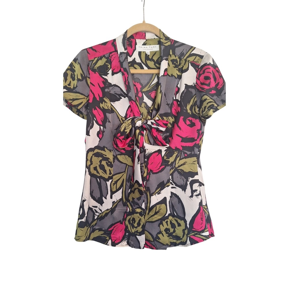 Trina Turk Womens Pink Floral 100% Silk Tie Neck Button Down Blouse Size 2